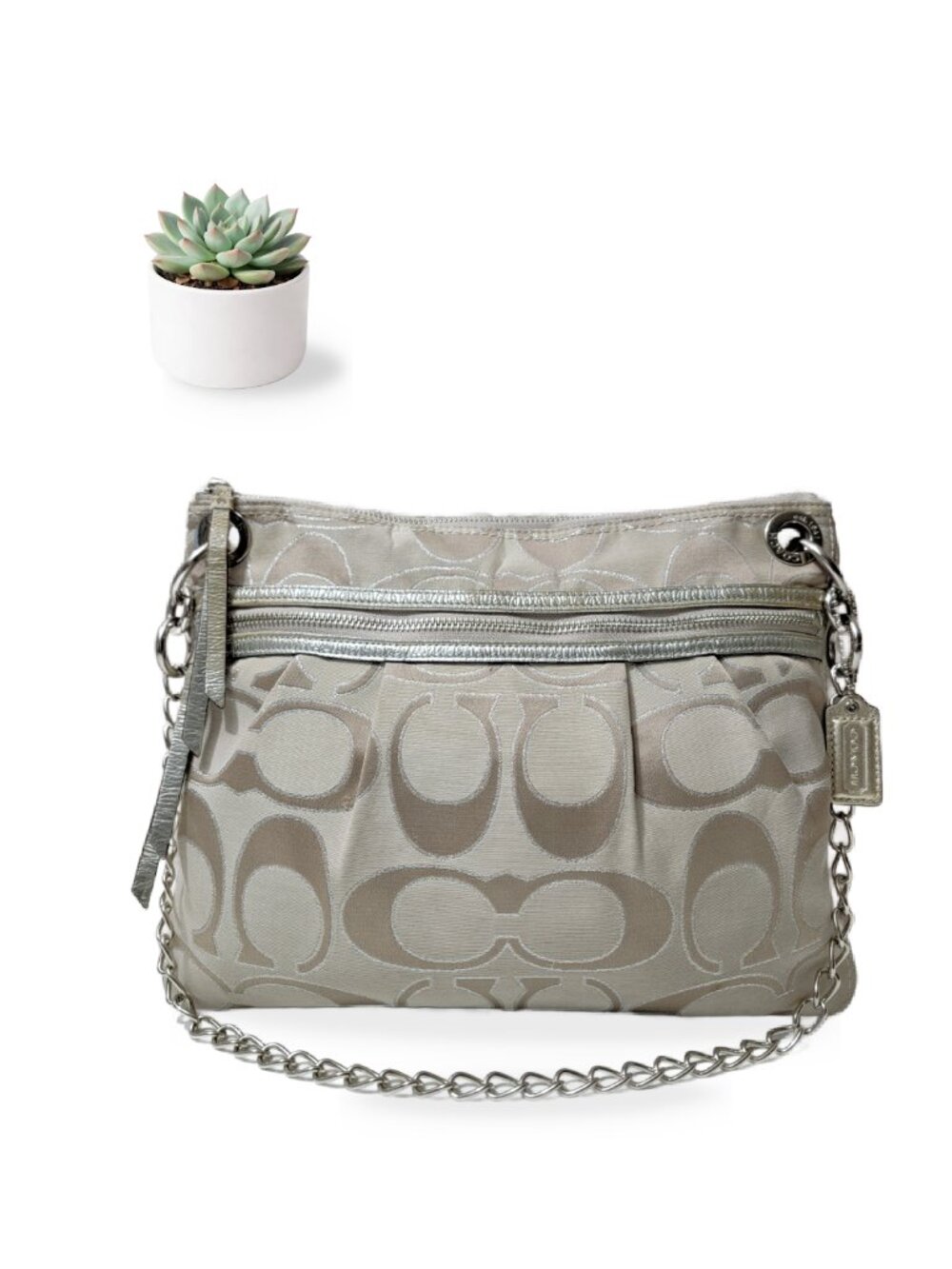 Coach Signature Sateen Hobo Shoulder Bag Khaki Silver Chain Strap Purse 19181